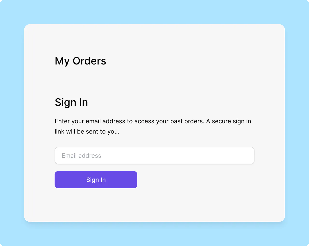 Lemon Squeezy My Orders sign-in screen with an email address field and a Sign In button