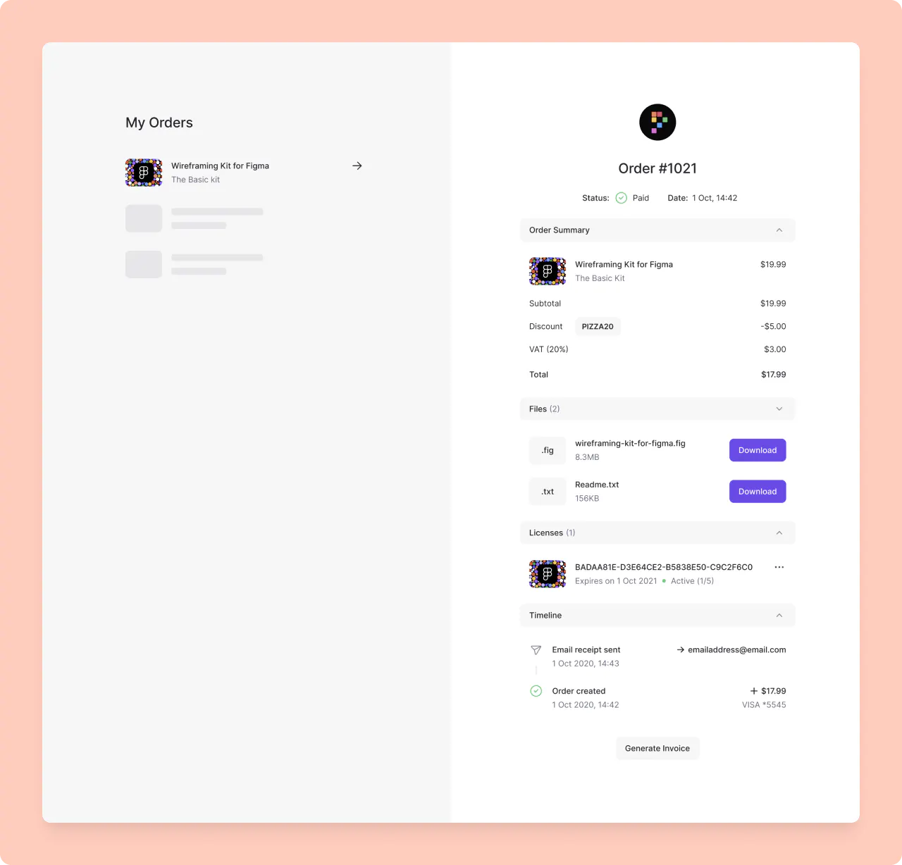 Lemon Squeezy order page with a Licenses section showing a license key marked Active (1 of 5) and its options menu
