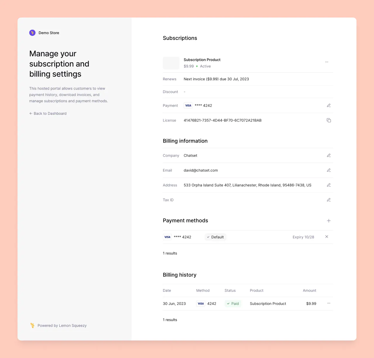 Lemon Squeezy customer portal with Subscriptions, Billing information, Payment methods, and Billing history sections