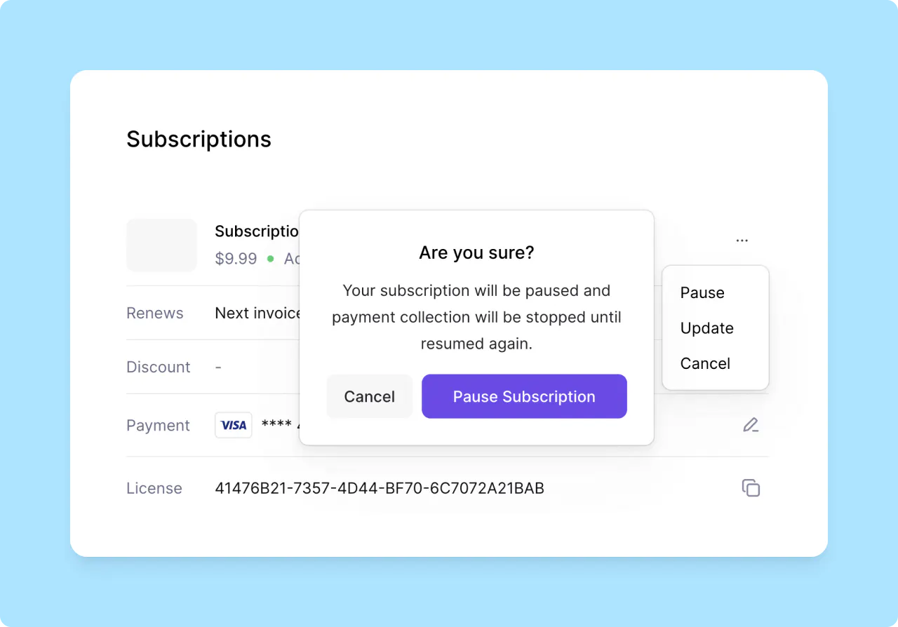 Subscriptions section with the options menu open on Pause, Update, and Cancel, and a confirmation dialog for pausing the subscription