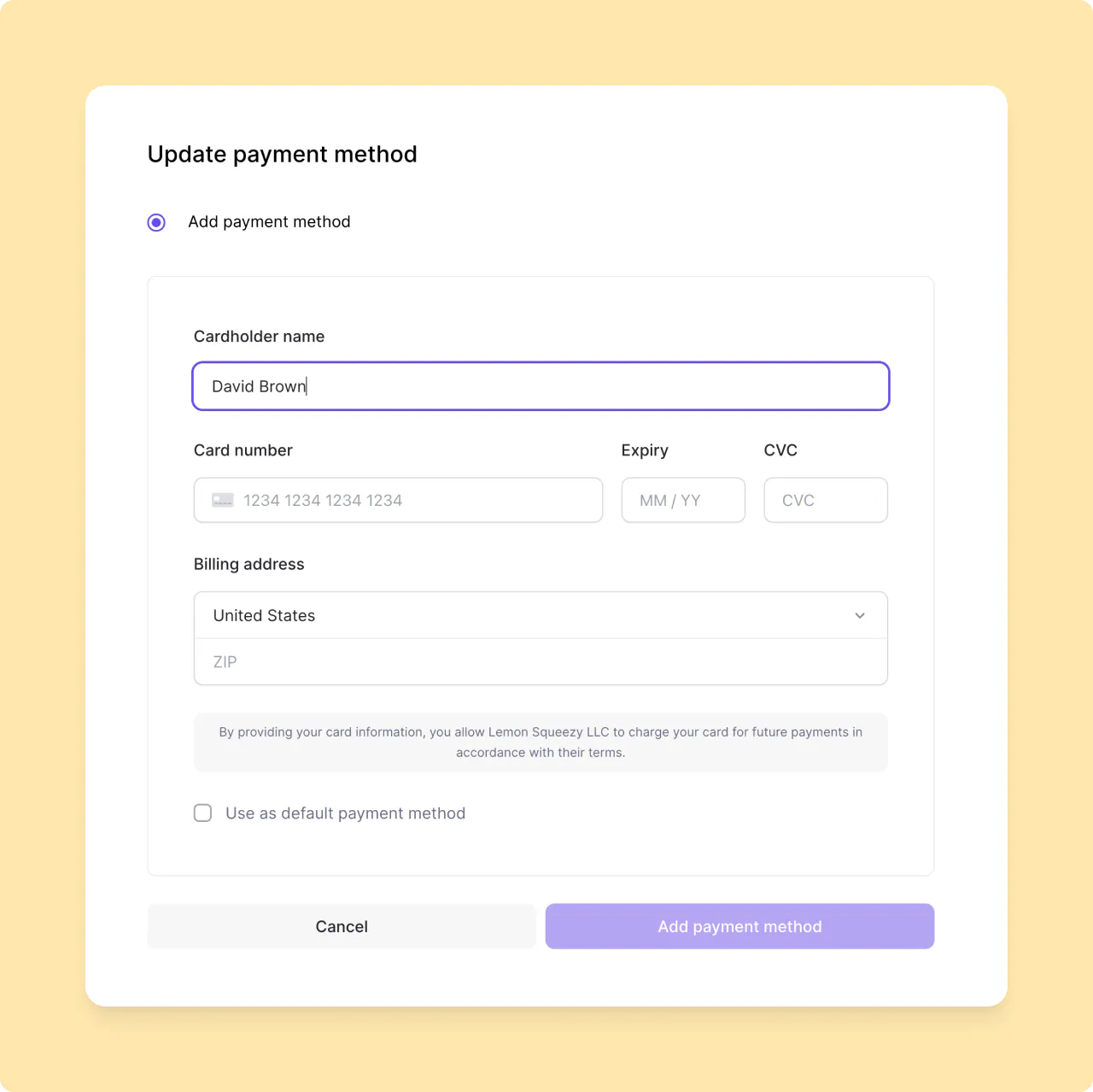 Update payment method form with cardholder name, card number, expiry, CVC, and billing address fields
