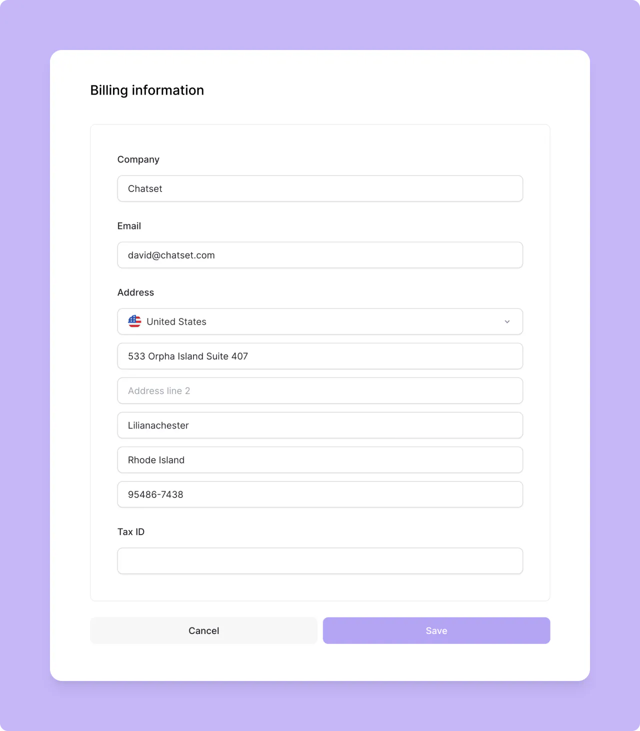 Billing information form with company, email, address, and tax ID fields