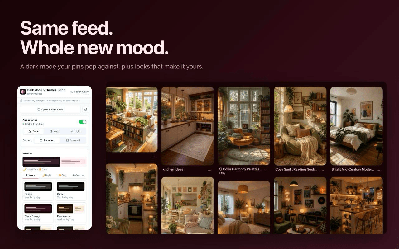Pinterest dark mode before and after — PinDark themes the whole Pinterest page, not just the pin grid