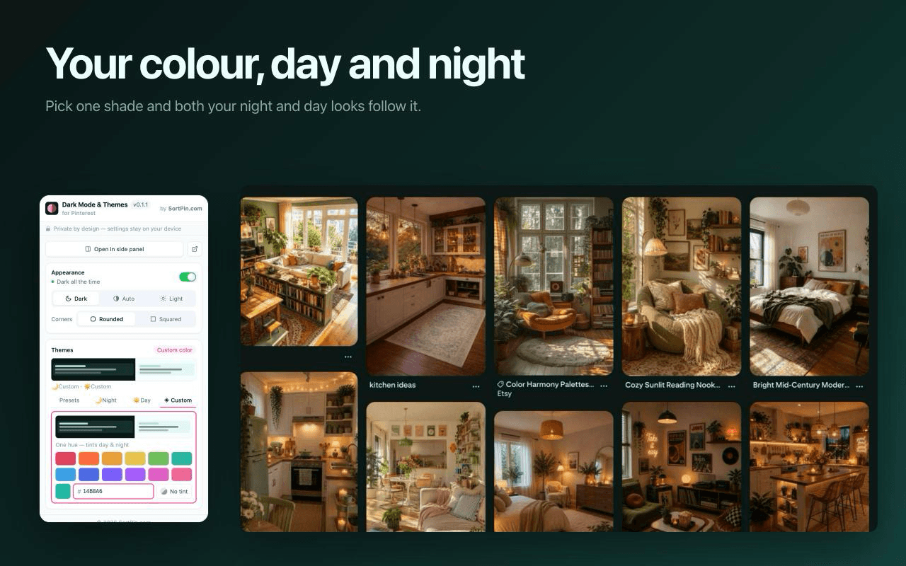 Custom color picker for Pinterest themes — one hue tints both the day and night dark mode themes