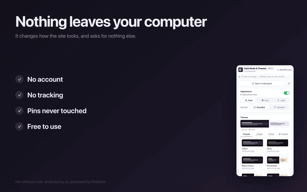 PinDark privacy — the Pinterest dark mode extension collects no data and never connects to the internet