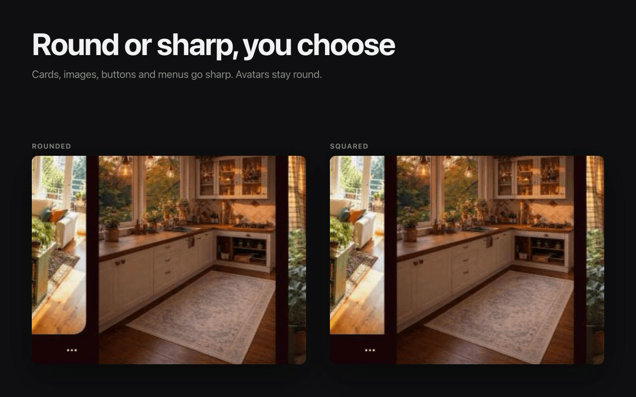 Pinterest squared corners option — rounded vs sharp corner comparison in dark mode
