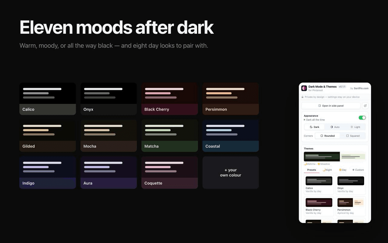 11 Pinterest dark theme options in PinDark — Onyx AMOLED true black, Black Cherry, Matcha, Coquette, Persimmon, Mocha and more